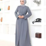 Gri Kemerli Taş İşlemeli Fermuarlı - Sude Ferace & Abaya