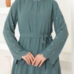 Zümrüt Yeşili Kemerli Taş İşlemeli Fermuarlı - Sude Ferace & Abaya