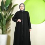 Siyah Taş İşlemeli Fermuarlı Büyük Beden Ferace - Meryem Ferace