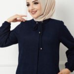 Lacivert Yakası Bağcıklı Kışlık Ferace - Sevda Ferace