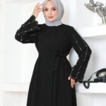 Siyah Kemerli Taş İşlemeli Fermuarlı - Sude Ferace & Abaya
