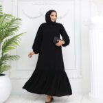 Tesettür Siyah Boydan Fermuarlı Medine İpeği Büzgülü Ferace