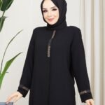 Tesettür Siyah Nakışlı Taşlı Fermuarlı Kışlık Büyük Beden Kadın Ferace & Pardesü Nisa Kışlık Ferace